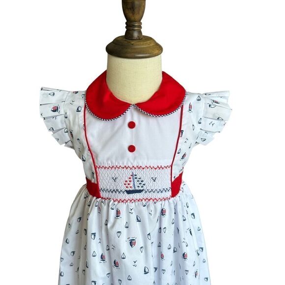 PRETTY ORIGINALS | White | HAND SMOCKED NAVY DRESS - Picture 5 of 13